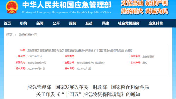應(yīng)急管理部 國(guó)家發(fā)展改革委?財(cái)政部 國(guó)家糧食和儲(chǔ)備局 關(guān)于印發(fā)《“十四五”應(yīng)急物資保障規(guī)劃》的通知